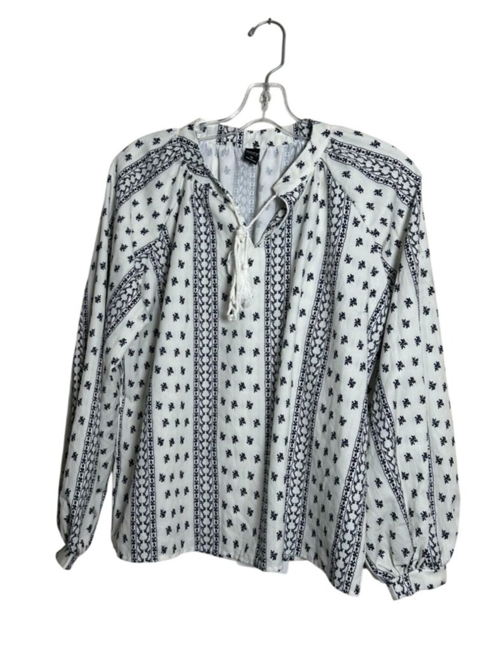 Dazy Women’s Boho Tassel Tie Peasant Blouse Size S Black White Long Sleeve